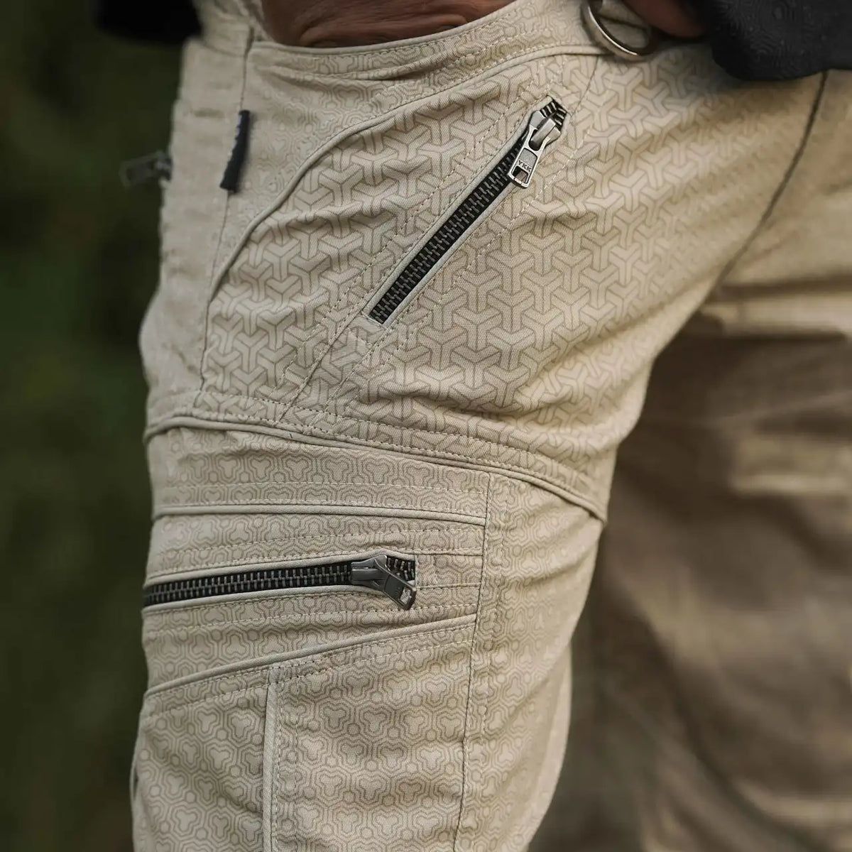 Beige psychedelic cargo pants for men with zippered pockets