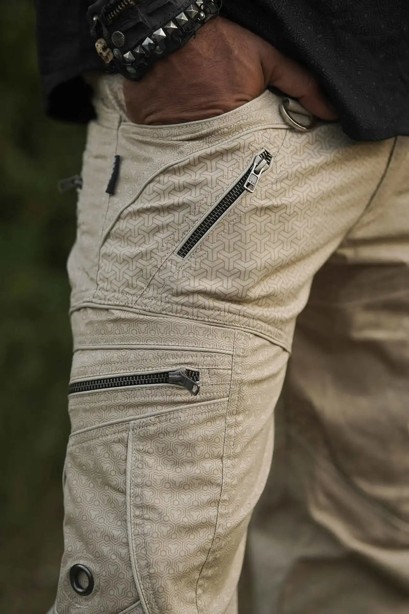 Beige psychedelic cargo pants for men with zippered pockets