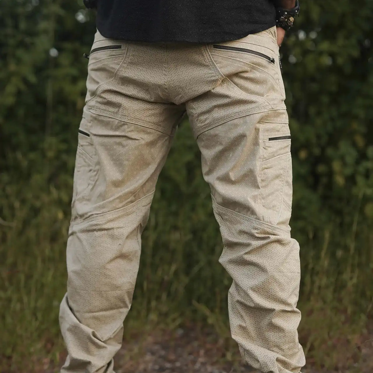Men's beige cargo pants with geometric psychedelic print back view