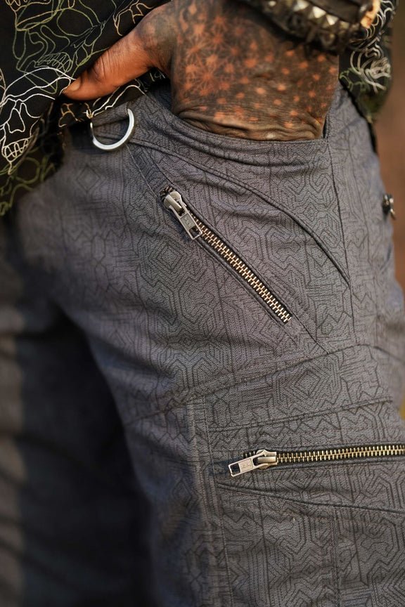 Blue psychedelic cargo pants for men with zippered pockets