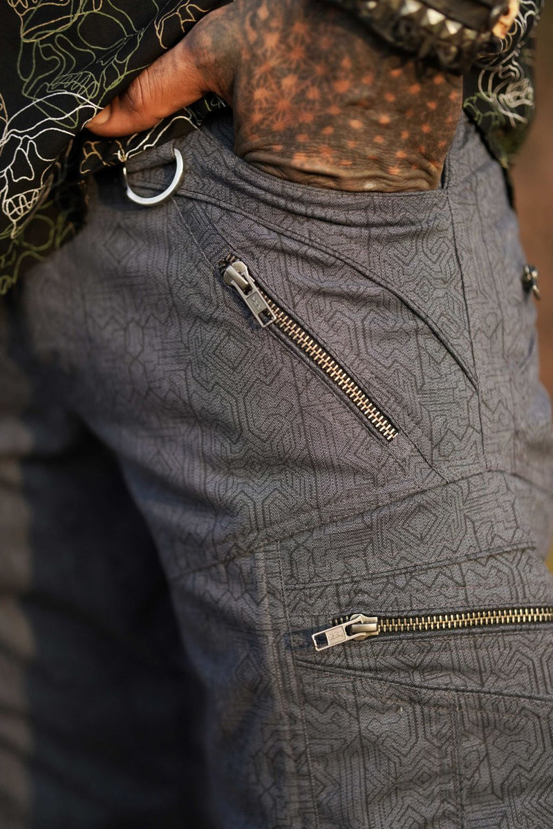 Blue psychedelic cargo pants for men with zippered pockets