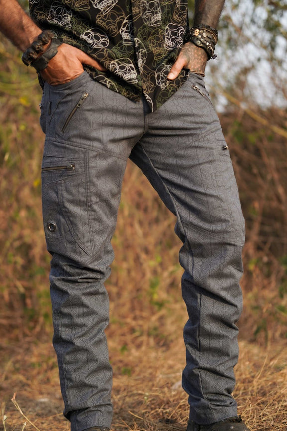MAGMA CODEX blue psychedelic cargo pants front view