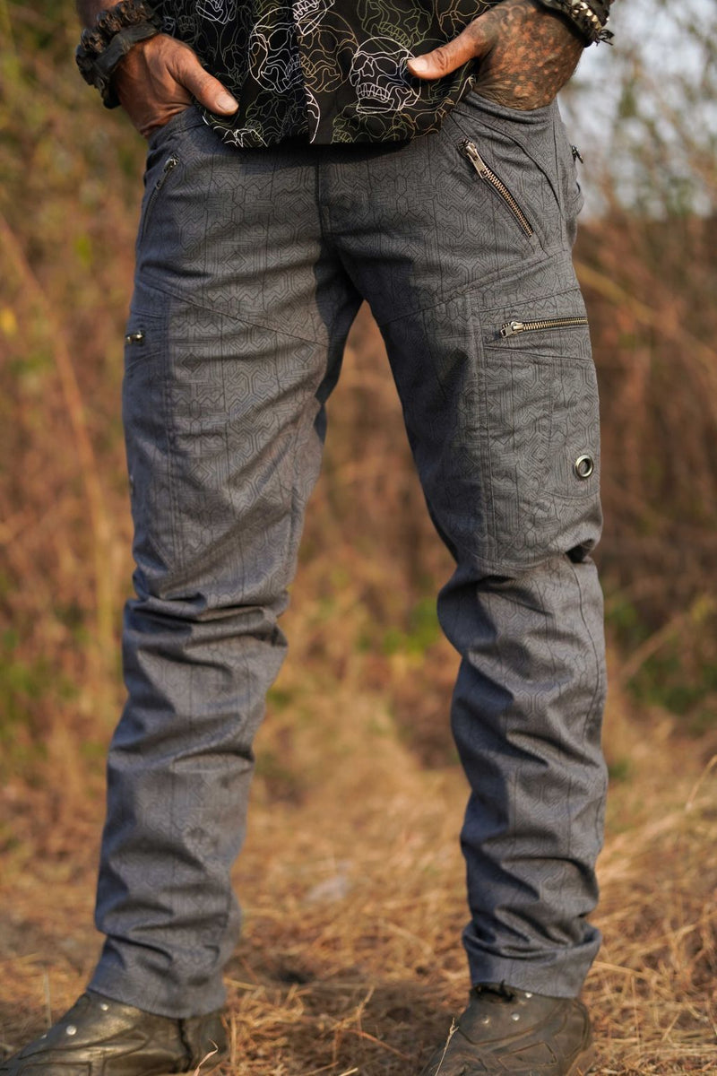 Blue stretch cotton cargo pants with geometric psychedelic print