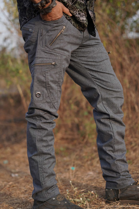 Men's blue psychedelic cargo pants with multiple pockets