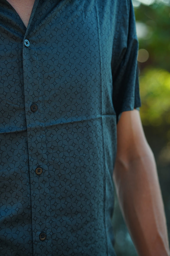 MERKABA viscose shirt for men with screen printed sacred geometry design