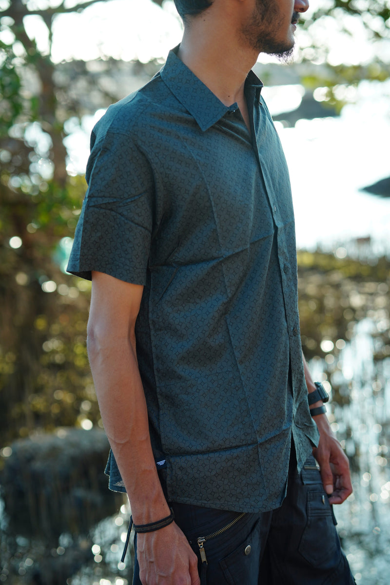 Side view of MERKABA viscose shirt for men featuring subtle geometric screen print