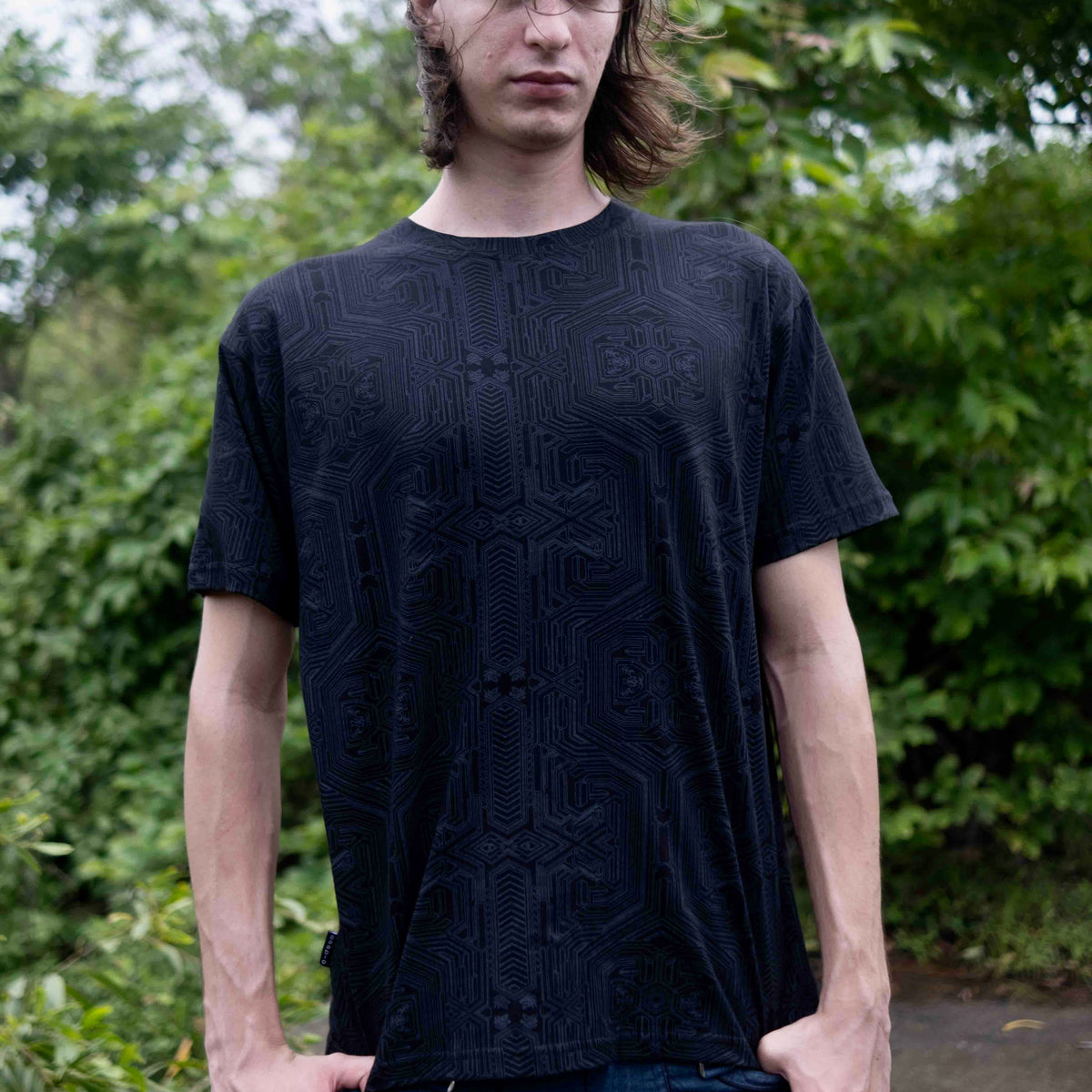 Metanoia black sacred geometry t shirt in 180 GSM pure cotton with exclusive geometric artwork by Baabio front view