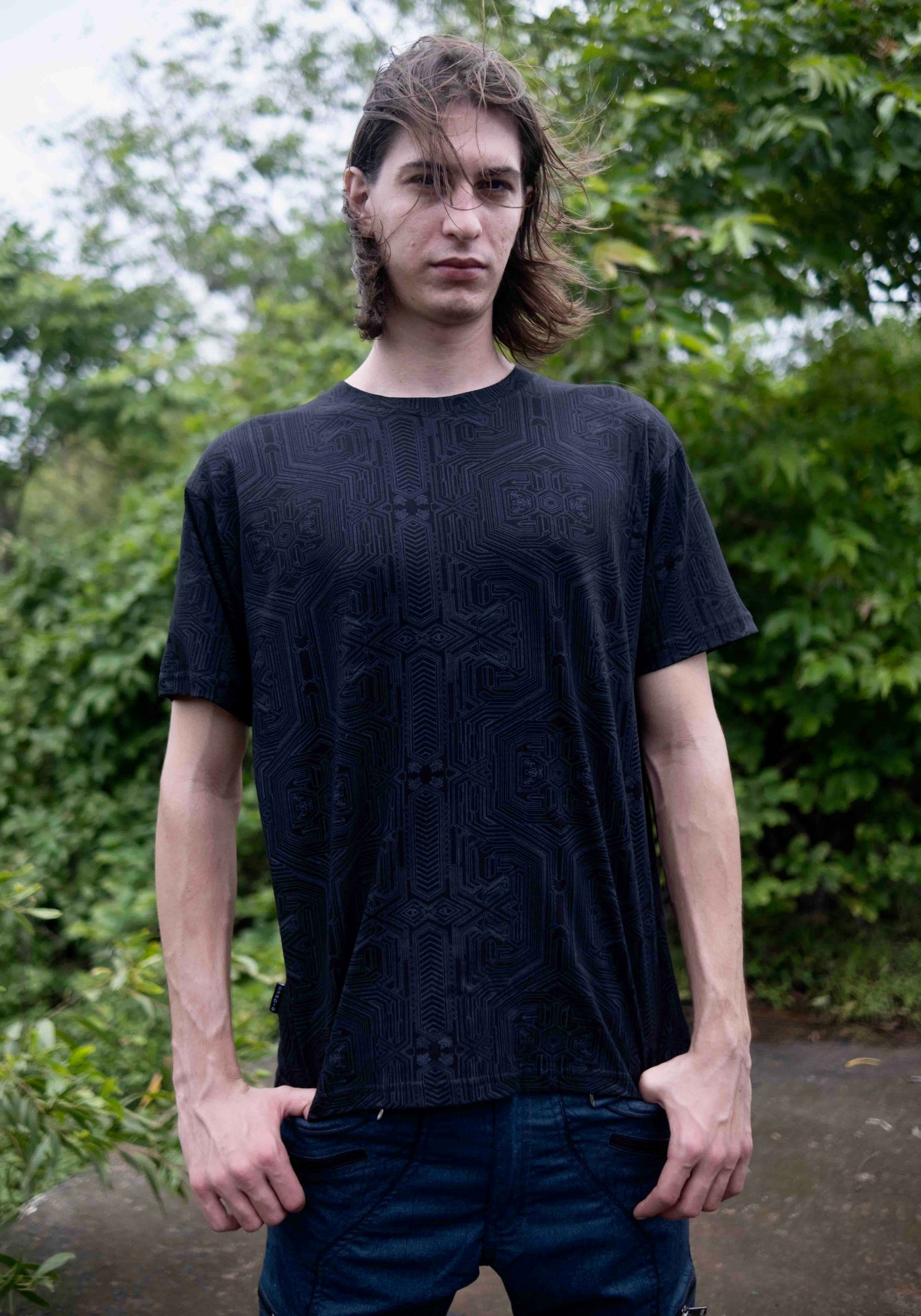 Metanoia black sacred geometry t shirt in 180 GSM pure cotton with exclusive geometric artwork by Baabio front view