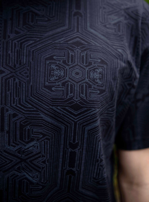 Close-up of Metanoia black sacred geometry t shirt showing intricate geometric artwork on 180 GSM cotton