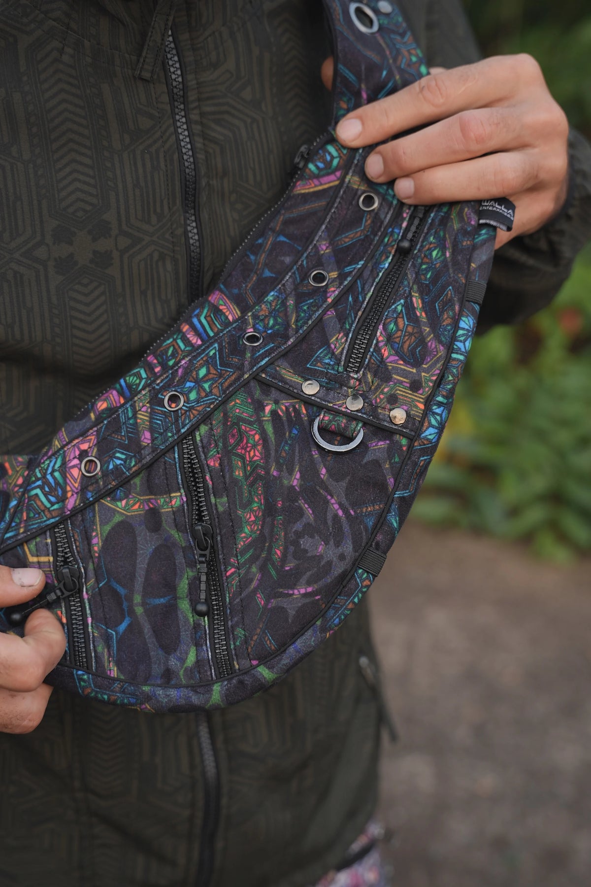 Mind Flare Aztech 2.0 geometric crossbody bag with colourful artwork and multiple zippered compartments