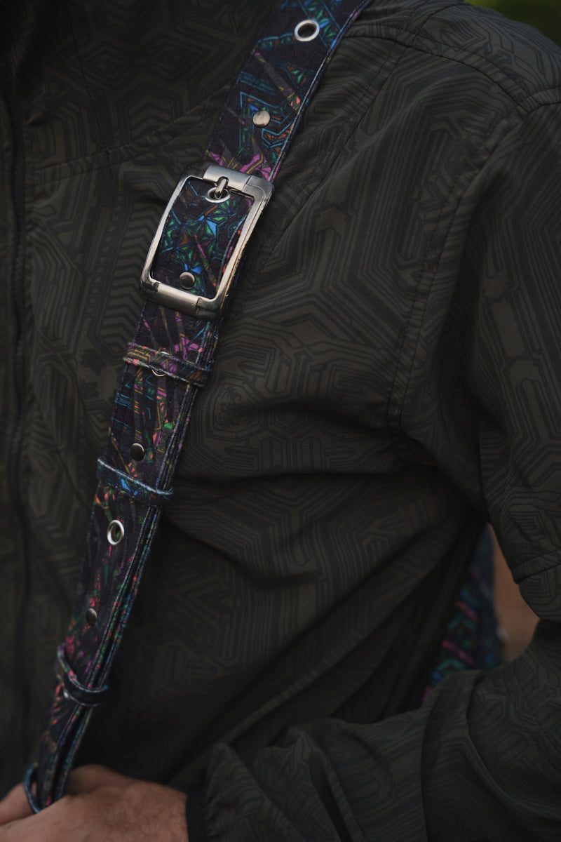 Adjustable strap and metal buckle detail on the Mind Flare Aztech 2.0 crossbody bag
