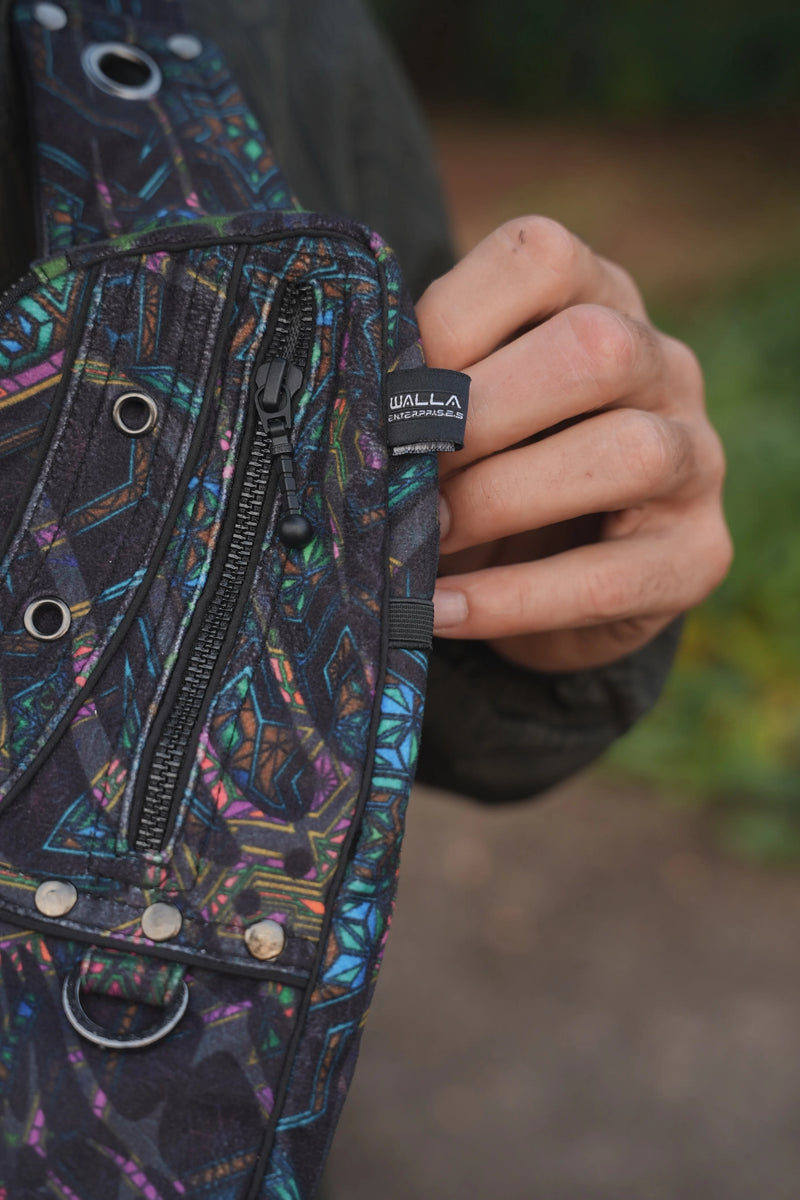 Close-up of the Aztech 2.0 bag showing a YKK zipper and colourful geometric suede velvet fabric