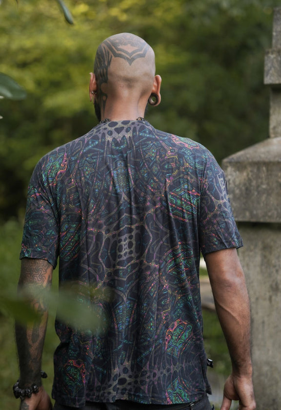Rear view of Mind-Flare psychedelic bamboo blend T shirt with original festival digital print by Baabio