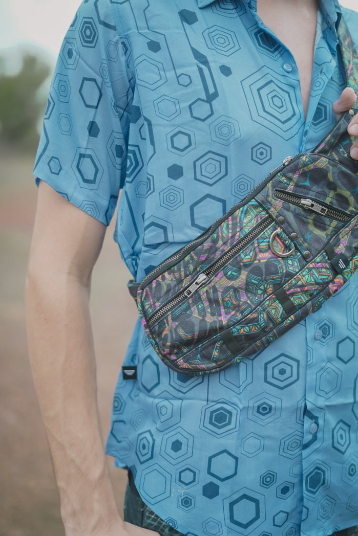 Mind Flare psychedelic festival crossbody bag worn across the body