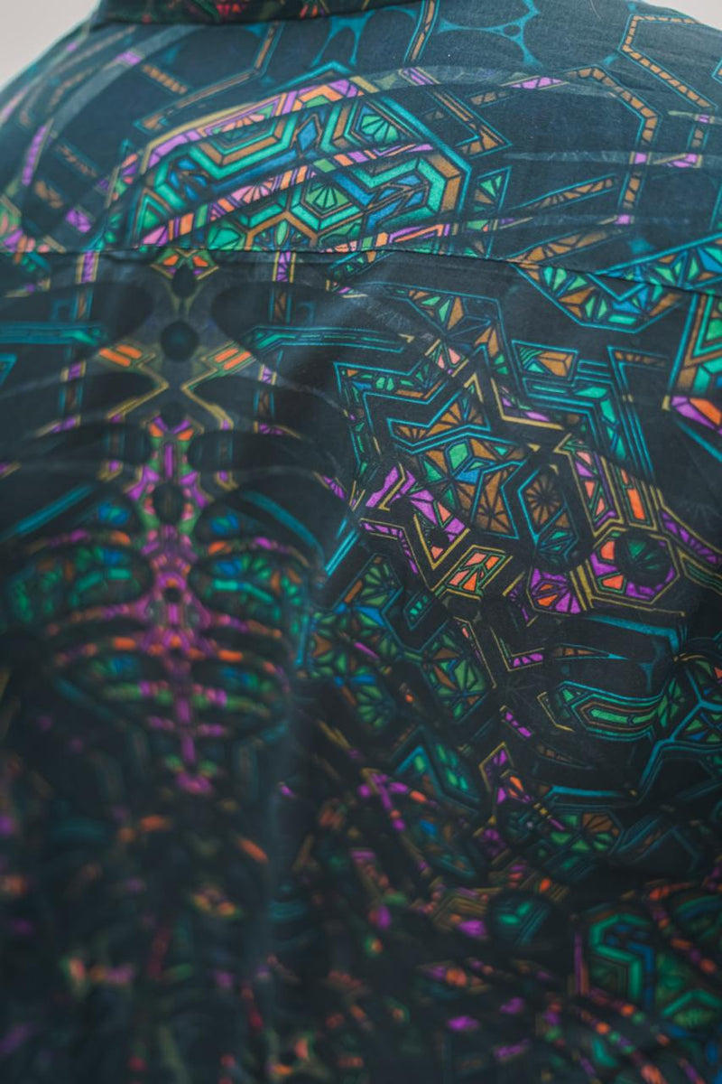 Mind Flare V2 bamboo fabric shirt print close up