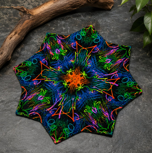 Neon Bloom UV reactive DAPOSTAR spinning cloth featuring vibrant blue and green psychedelic mandala design
