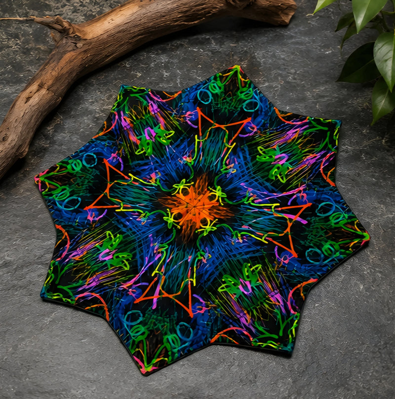 Neon Bloom UV reactive DAPOSTAR spinning cloth featuring vibrant blue and green psychedelic mandala design