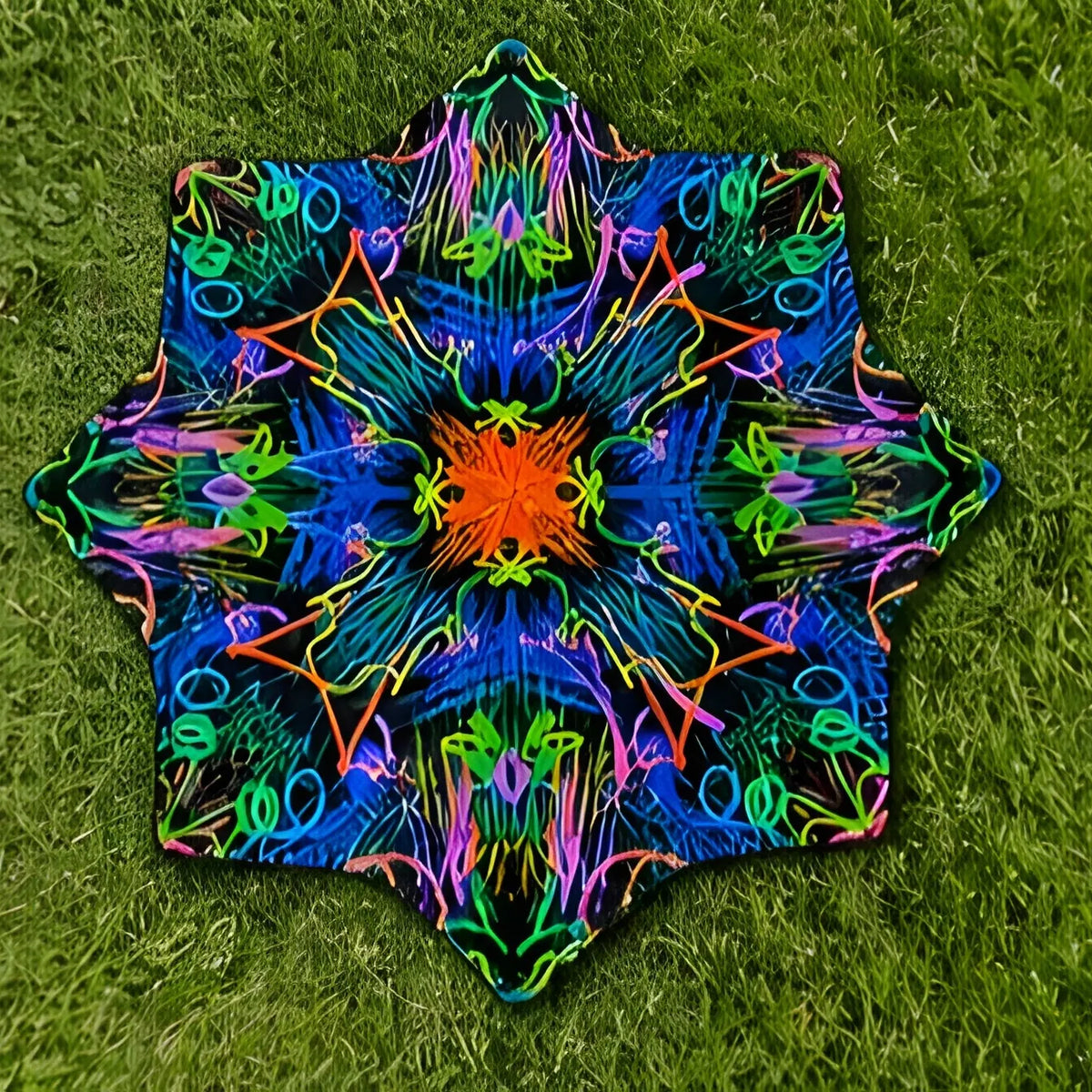 Neon Bloom DAPOSTAR spinning cloth with UV reactive psychedelic floral artwork displayed on green grass