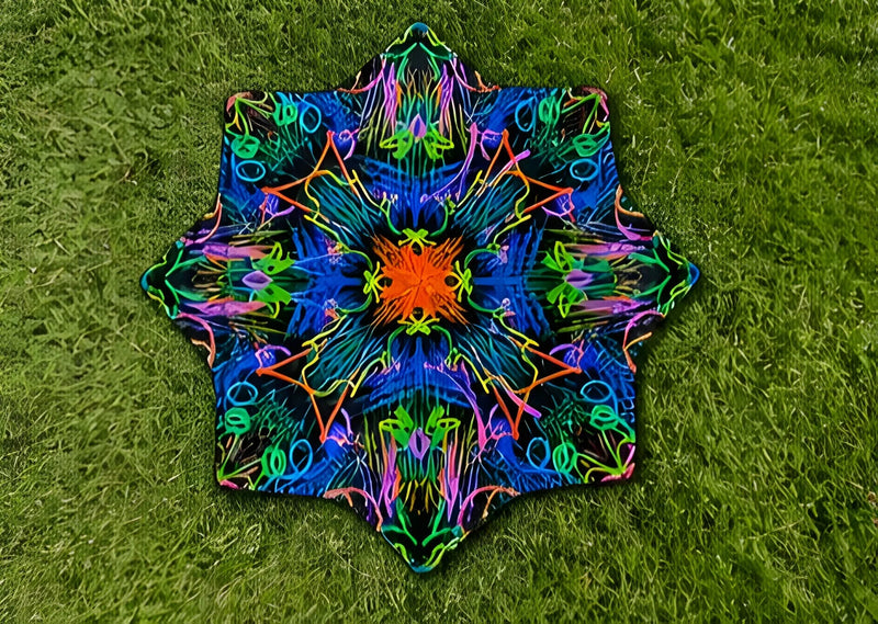 Neon Bloom DAPOSTAR spinning cloth with UV reactive psychedelic floral artwork displayed on green grass