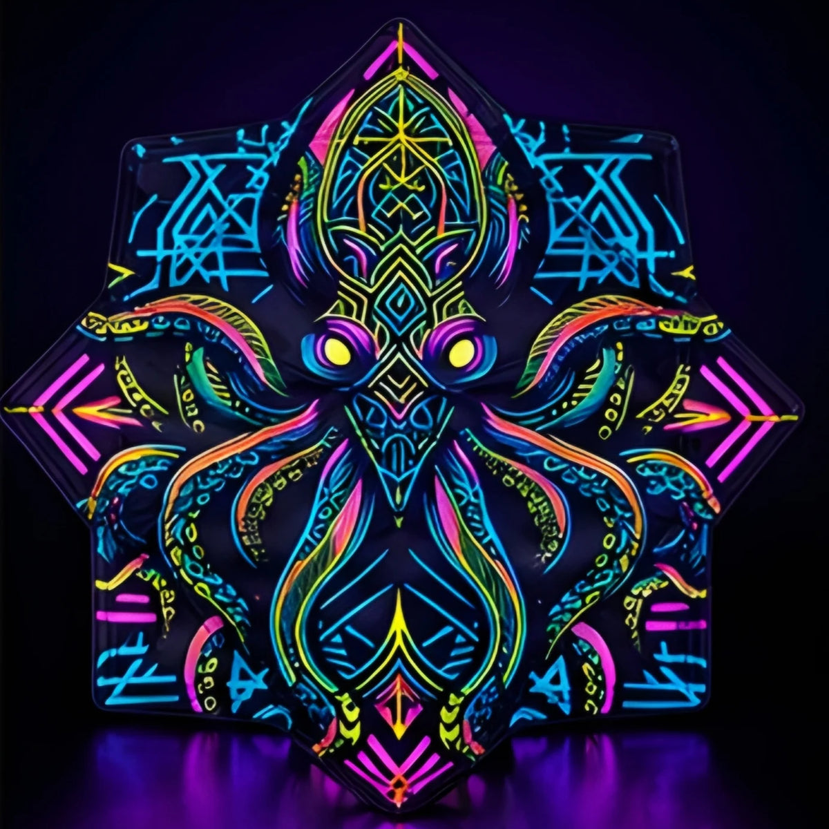 Front view of Neon Kraken DAPOSTAR spinning cloth with psychedelic octopus artwork and sacred geometry design.