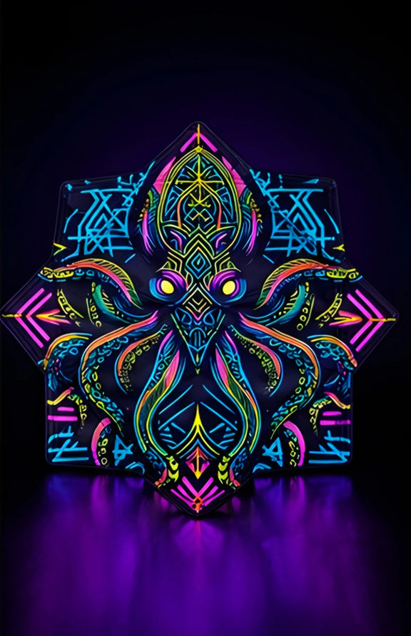 Front view of Neon Kraken DAPOSTAR spinning cloth with psychedelic octopus artwork and sacred geometry design.