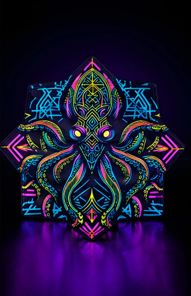 Front view of Neon Kraken DAPOSTAR spinning cloth with psychedelic octopus artwork and sacred geometry design.