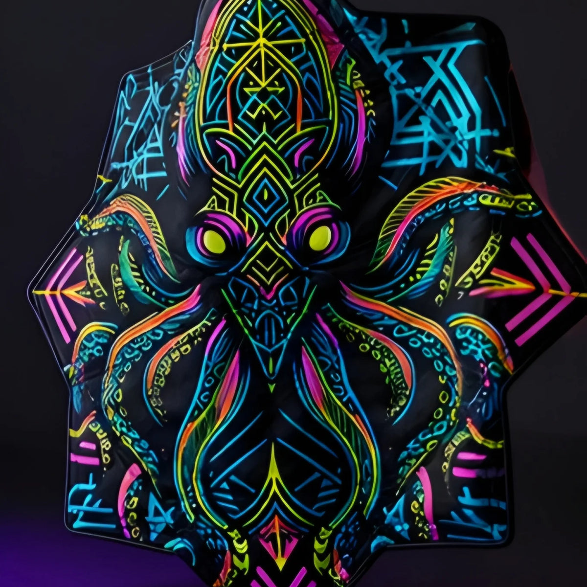 Neon Kraken DAPOSTAR spinning cloth standing upright, featuring sacred geometry and UV reactive neon artwork.