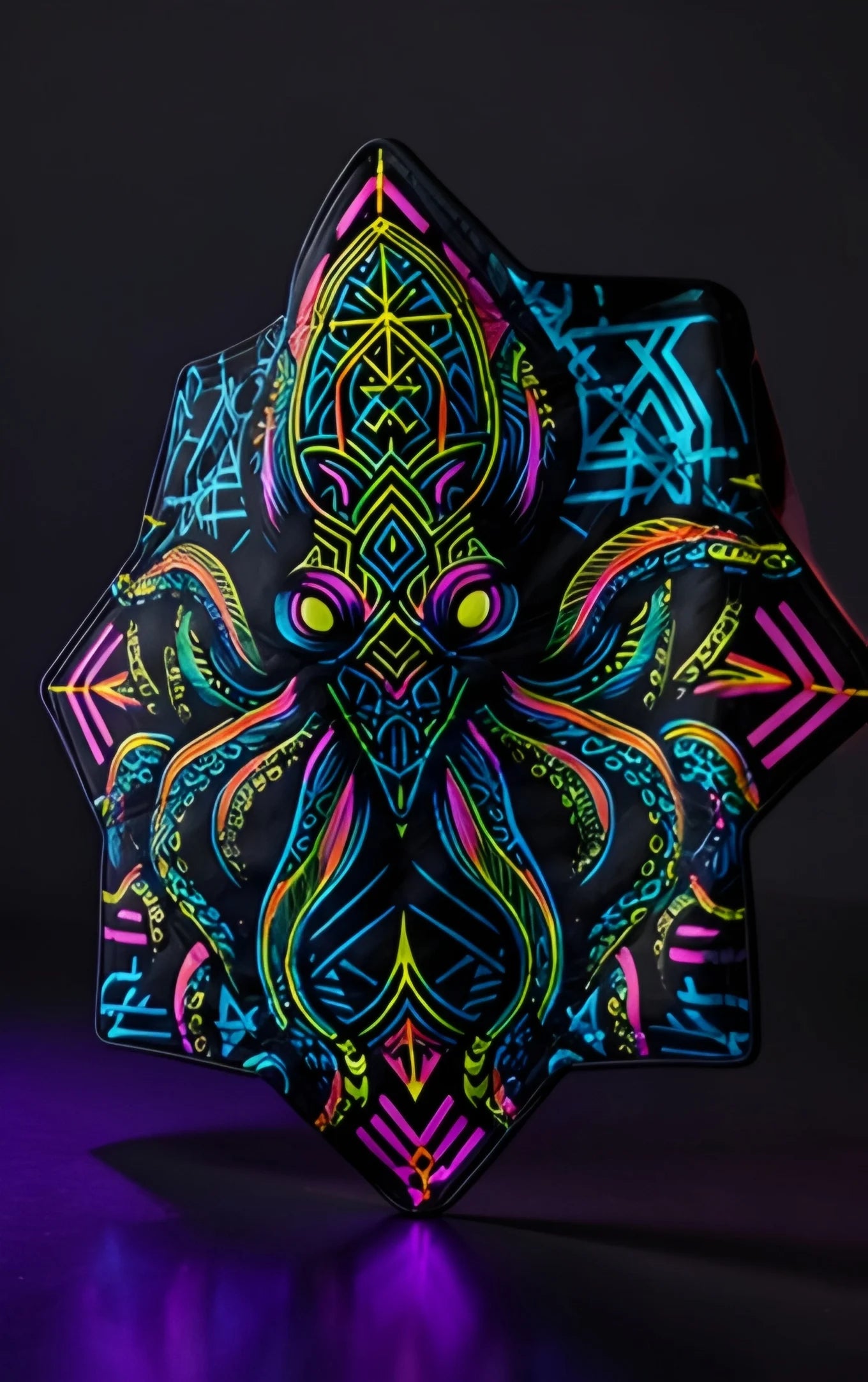 Neon Kraken DAPOSTAR spinning cloth standing upright, featuring sacred geometry and UV reactive neon artwork.