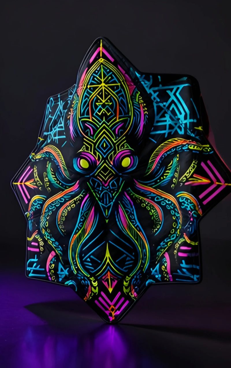 Neon Kraken DAPOSTAR spinning cloth standing upright, featuring sacred geometry and UV reactive neon artwork.