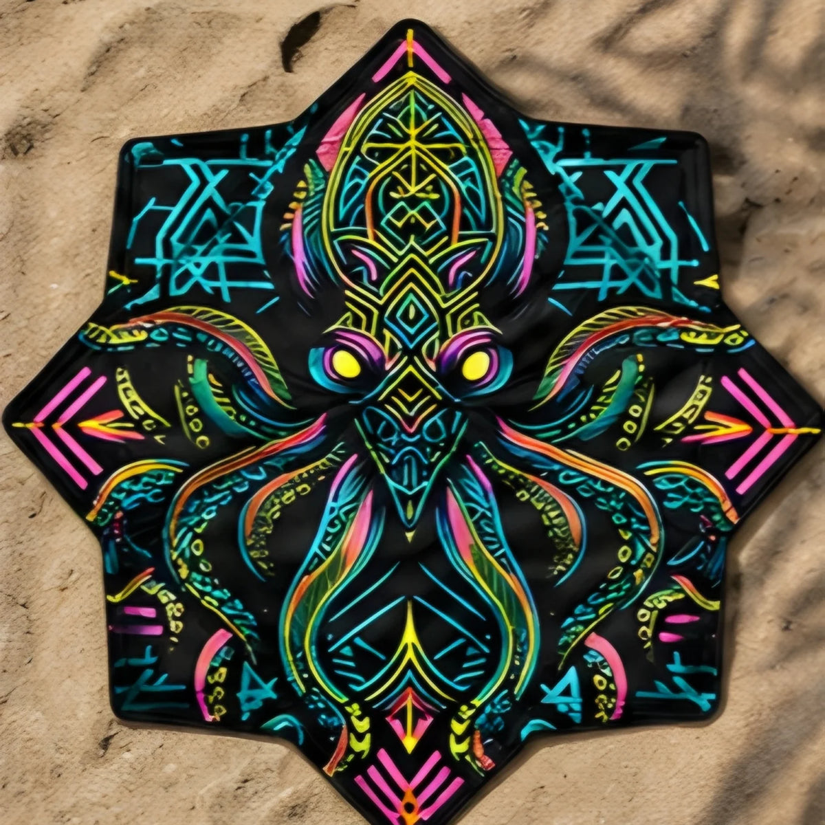 Neon Kraken DAPOSTAR spinning cloth displayed on sand, featuring UV reactive psychedelic festival artwork.