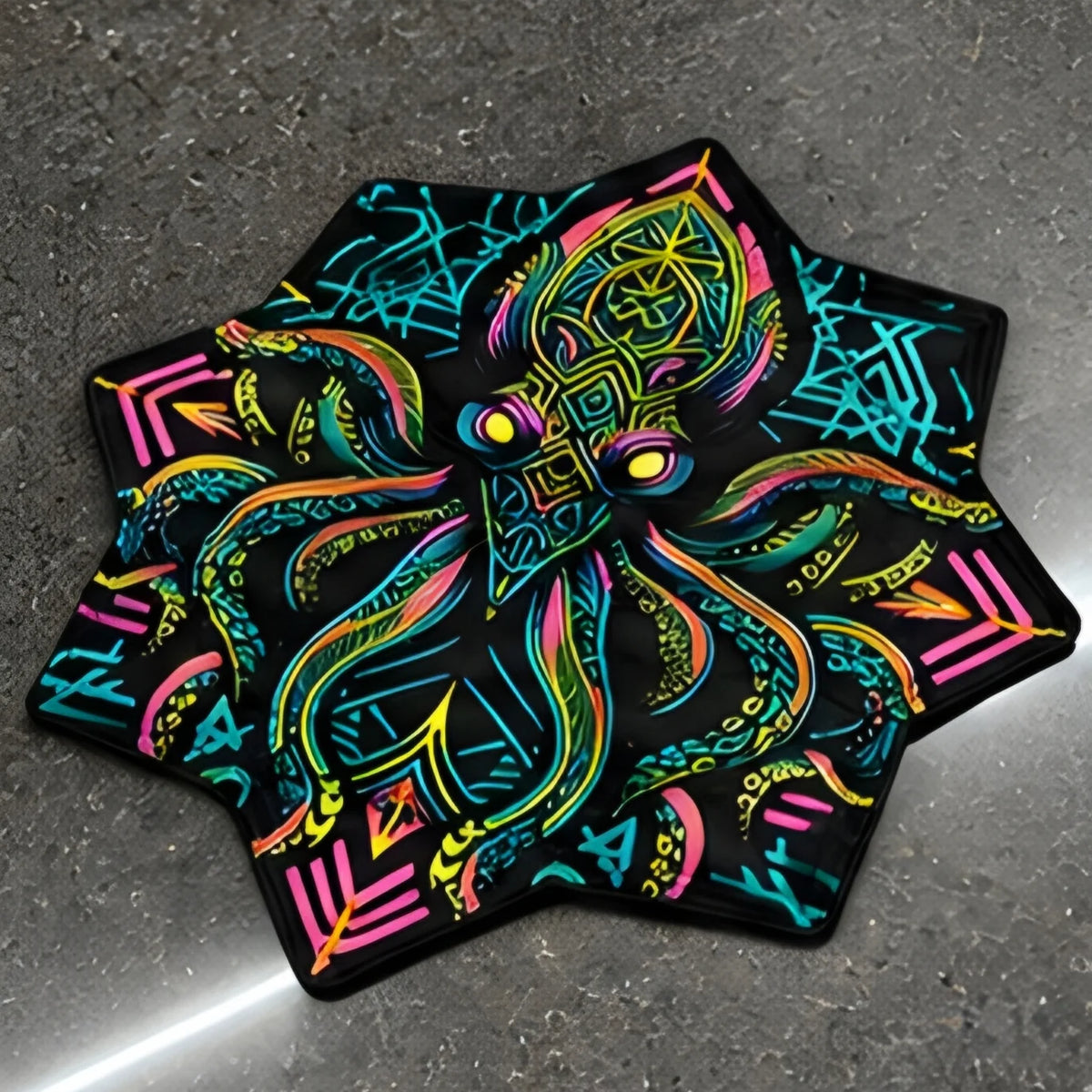 Neon Kraken DAPOSTAR spinning cloth with neon octopus print, premium polyester fabric, and hidden secret pocket.