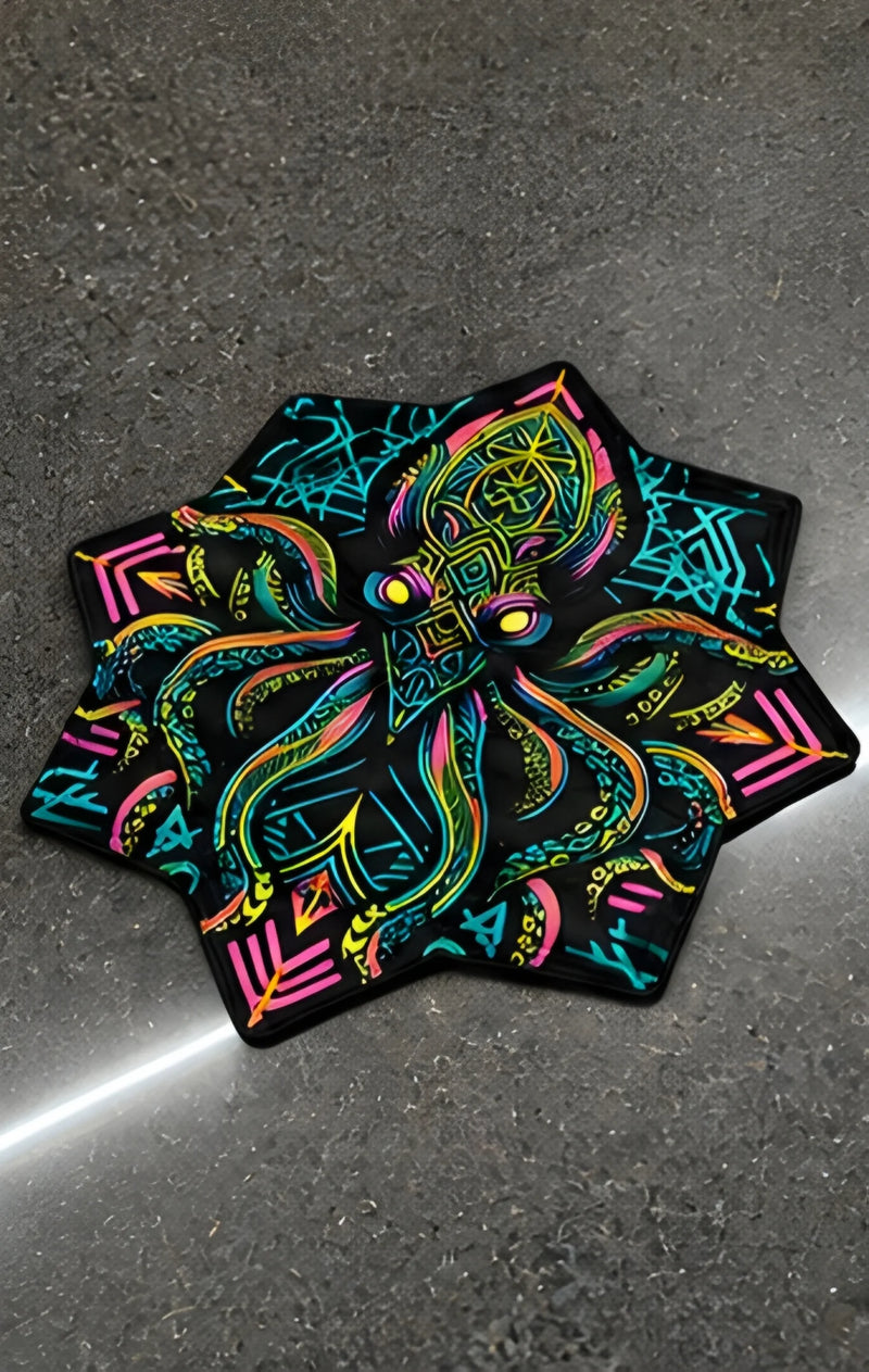Neon Kraken DAPOSTAR spinning cloth with neon octopus print, premium polyester fabric, and hidden secret pocket.