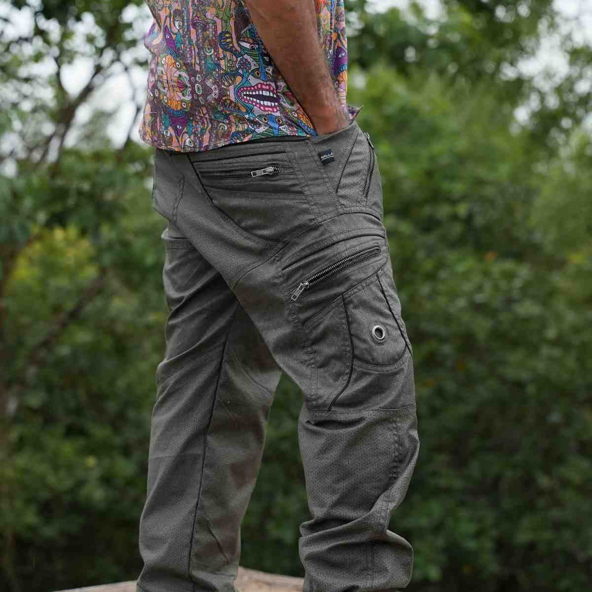 Eternity Vortex men's psychedelic pants showing utility cargo pockets