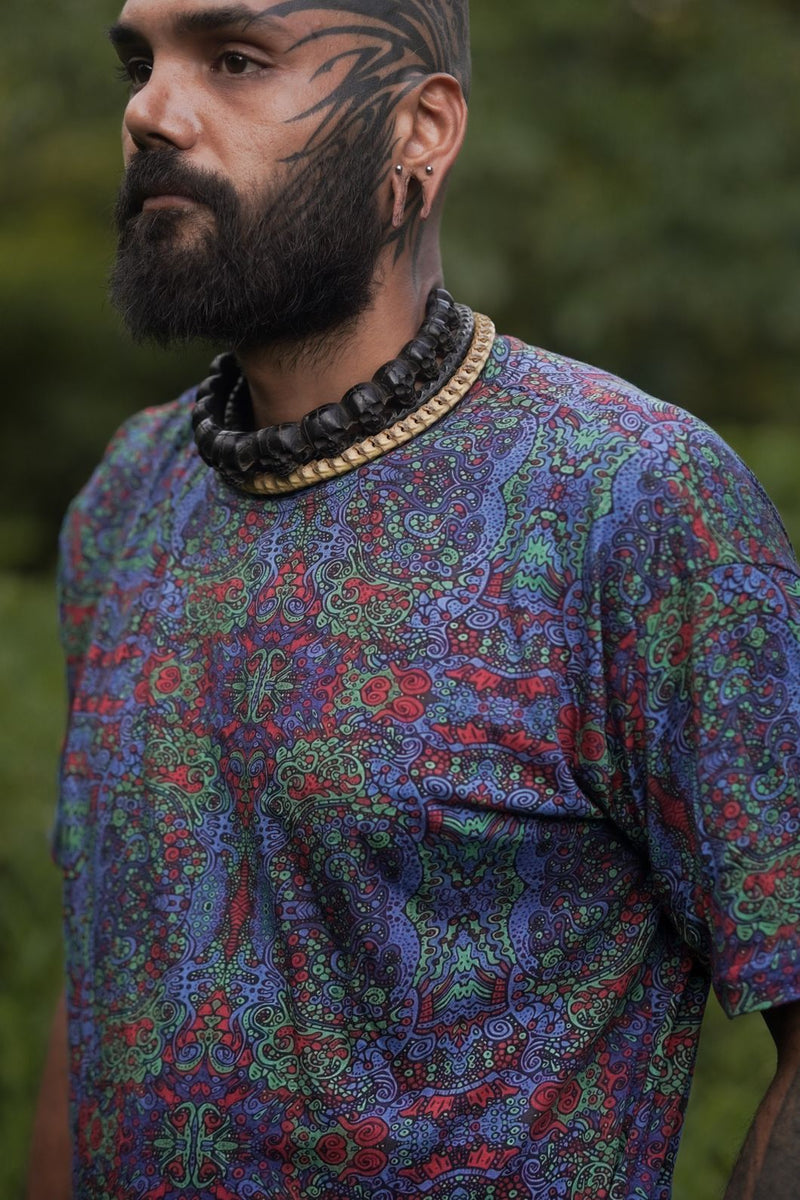 Close-up of Forest Myth bamboo modal psychedelic T shirt featuring original colourful digital artwork
