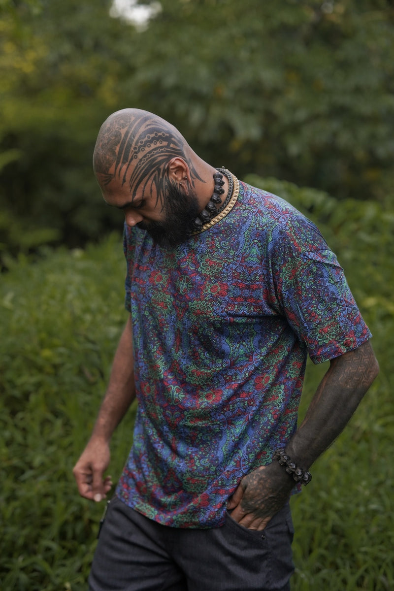 Model wearing Forest Myth men's psychedelic bamboo blend T shirt with exclusive festival print