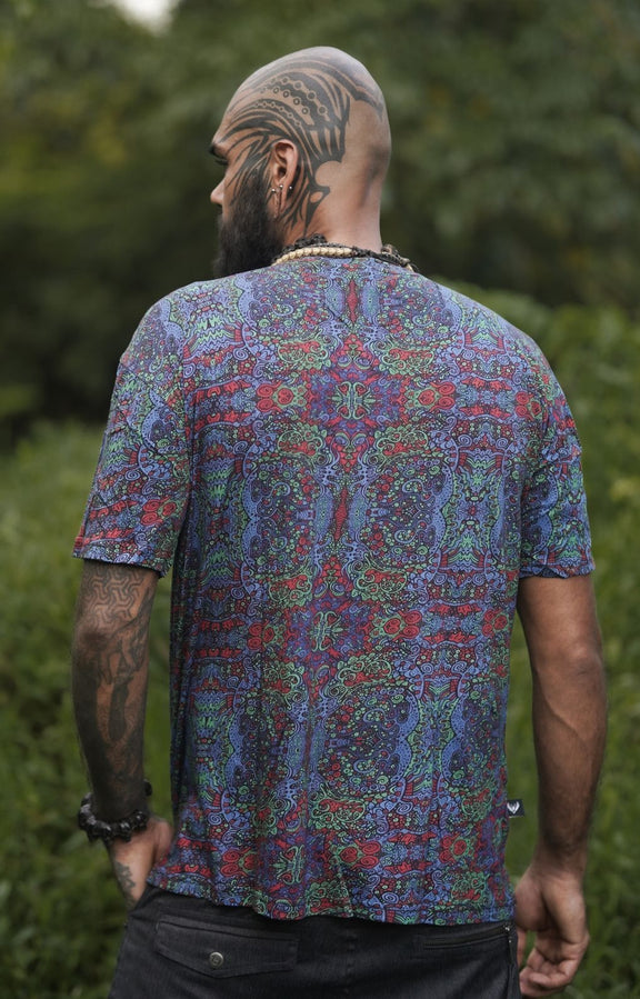Rear view of Forest Myth psychedelic bamboo modal T shirt featuring full-body digital artwork by Baabio