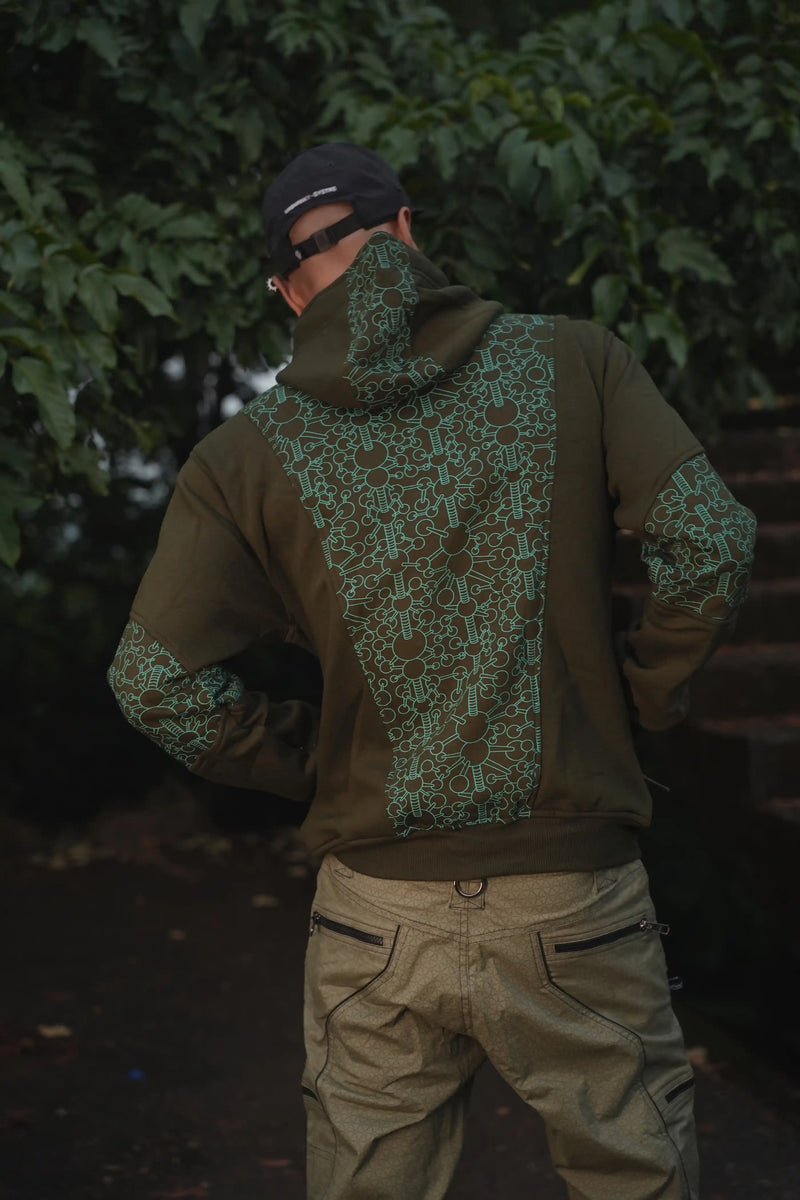 Back view of the Fractal Gravity men's hoodie showing the geometric print across the back, hood and sleeves