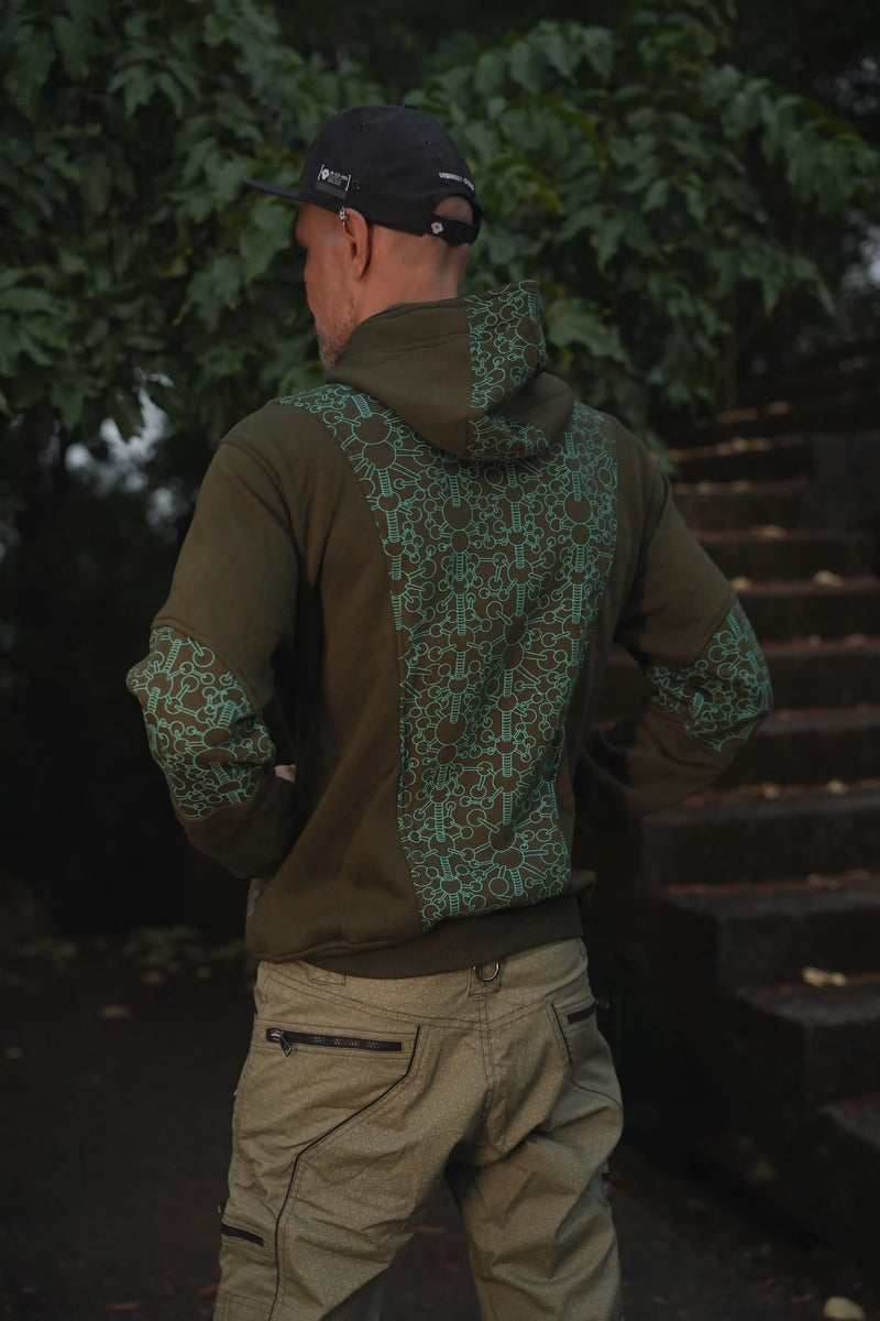Angled rear view of the Fractal Gravity green psychedelic zip-up hoodie with patterned back and sleeves