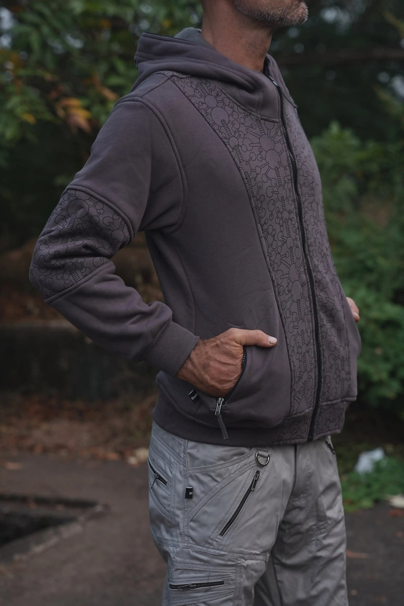 Side view of the Fractal Gravity grey hoodie with geometric sleeve details and front zipper