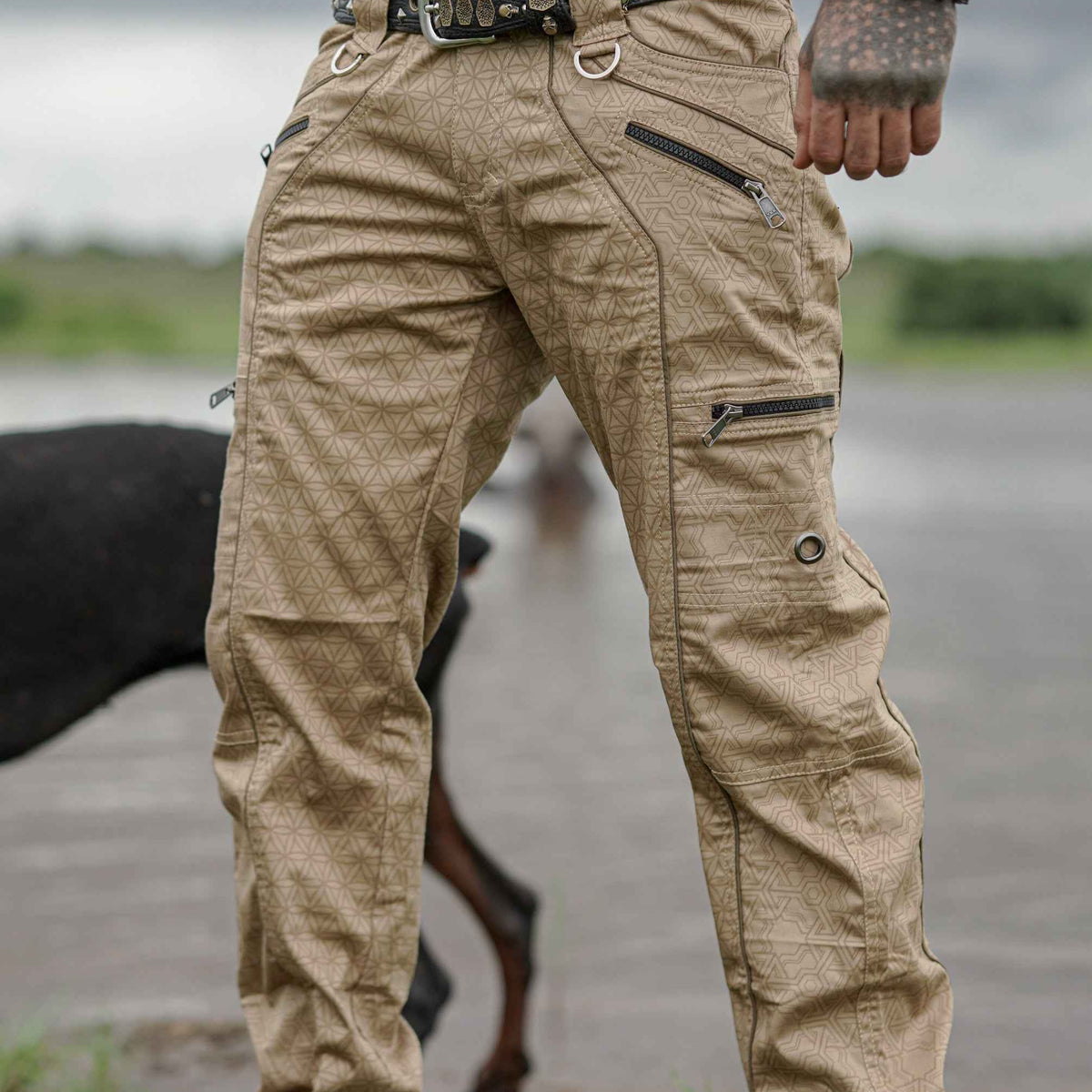 Pythagoras FOL caramel beige psychedelic cargo pants front view