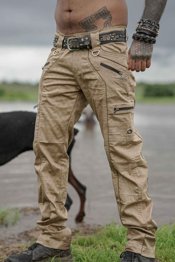 Pythagoras FOL caramel beige psychedelic cargo pants front view