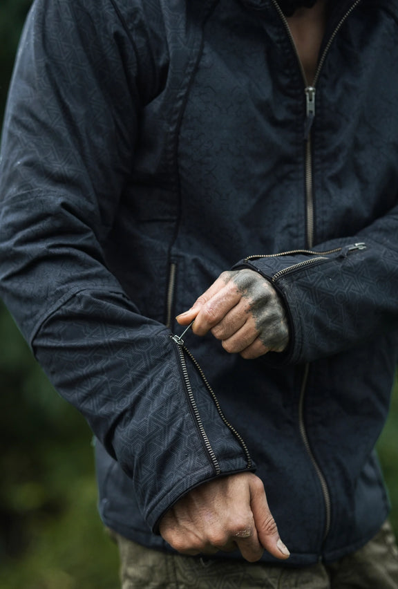 Men's black psychedelic jacket with fleece lining and zippered sleeves