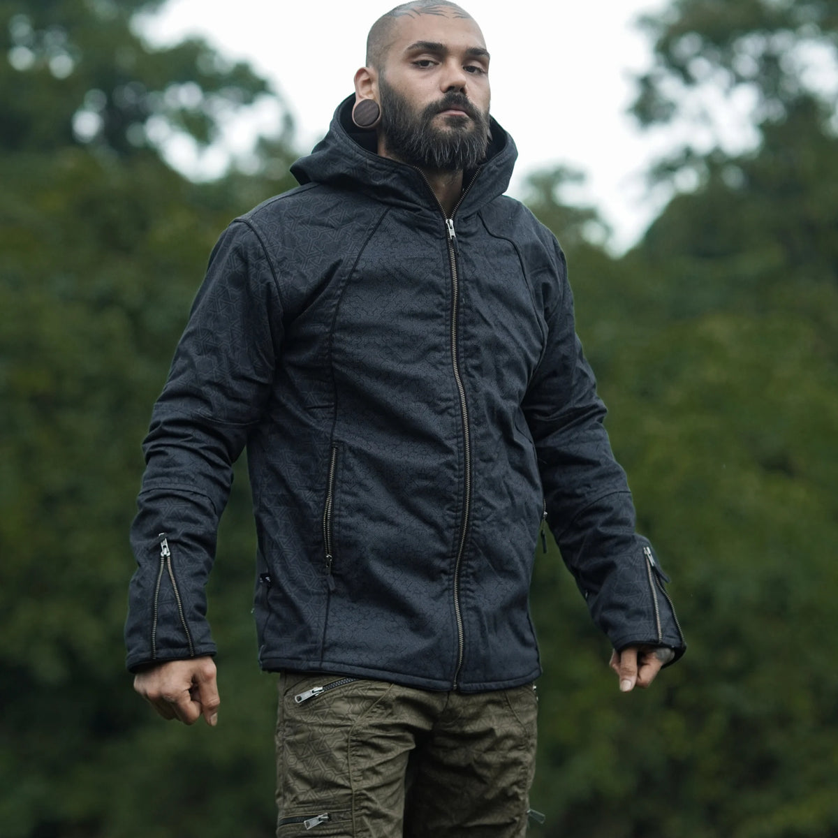 Men's psychedelic black jacket with geometric Pythagoras Tetrahedron artwork