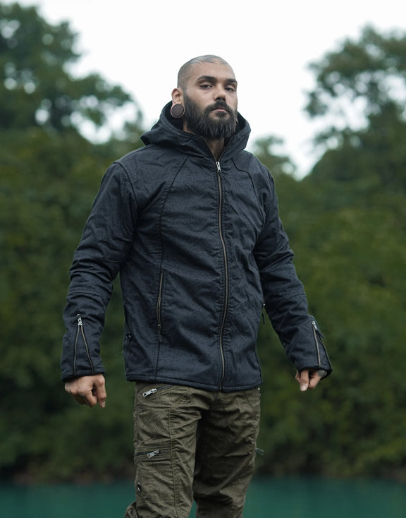 Men's psychedelic black jacket with geometric Pythagoras Tetrahedron artwork