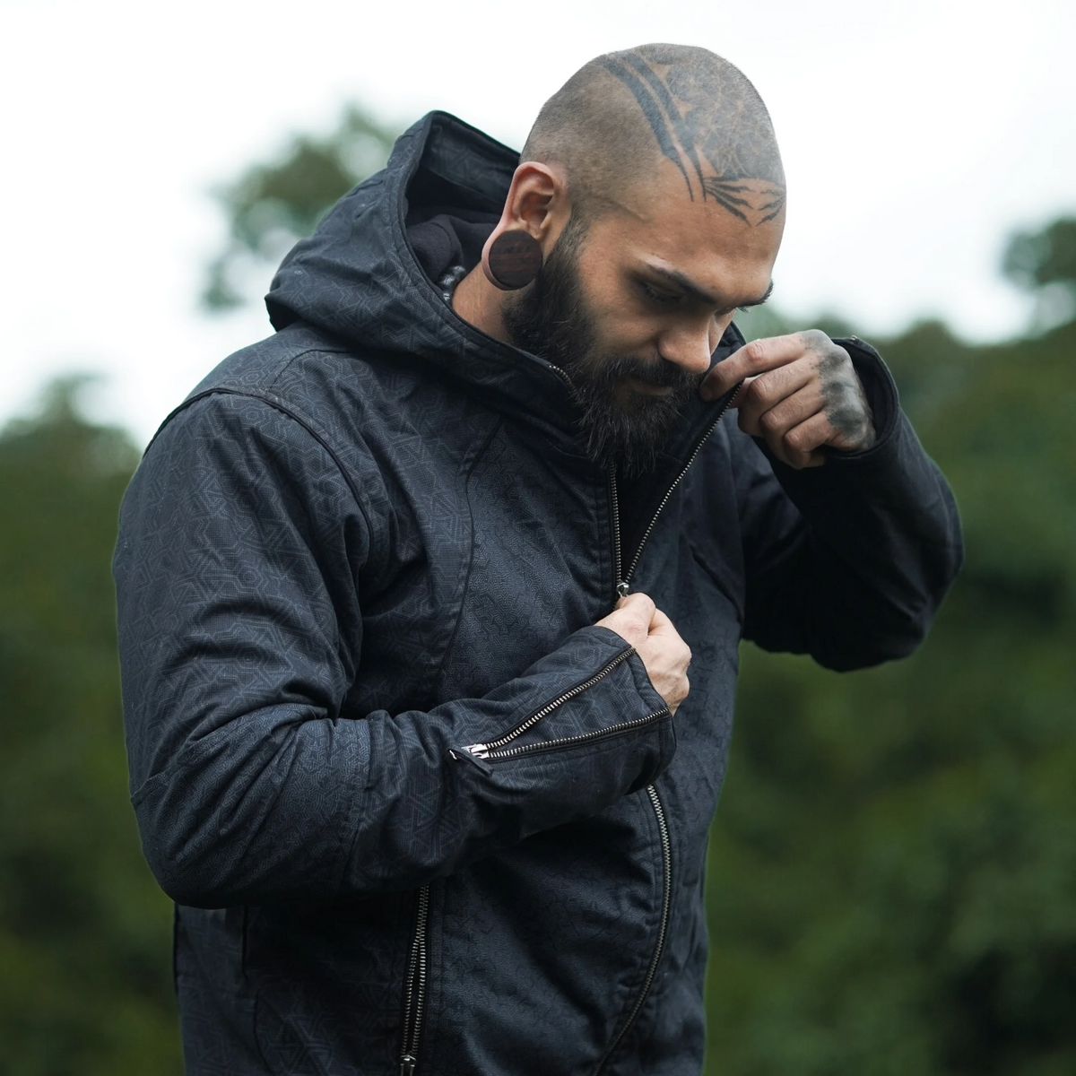 Psychedelic black festival jacket with fleece lining for men