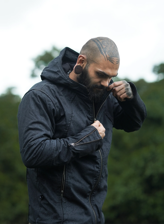 Psychedelic black festival jacket with fleece lining for men