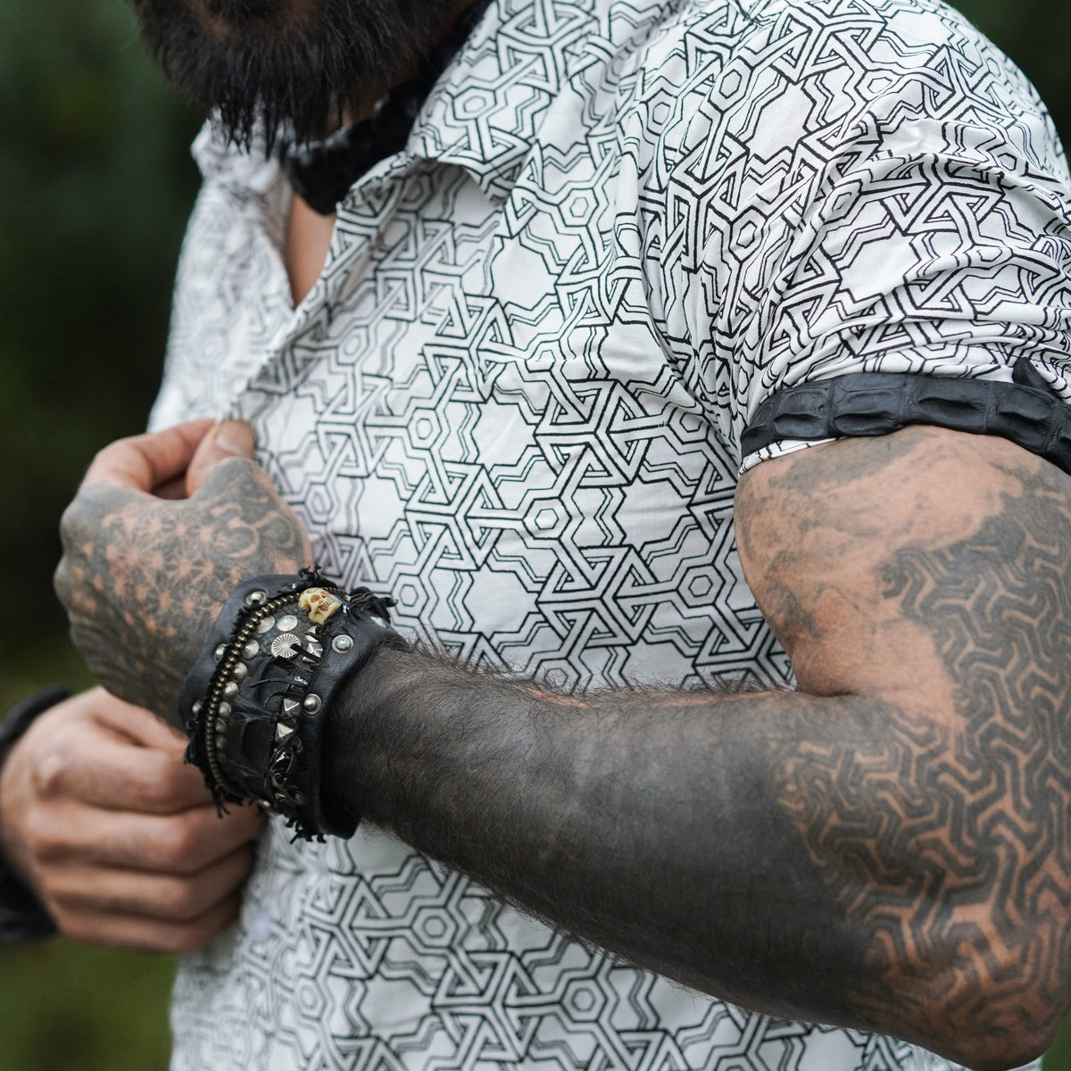 Close-up of Pythagoras white men's viscose shirt featuring sacred geometry print and short sleeves