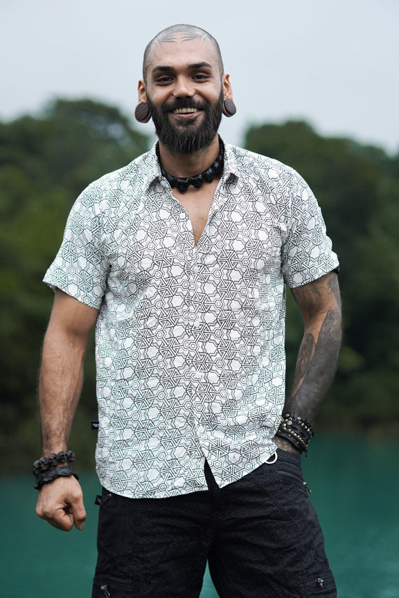 Front view of Pythagoras white men's viscose shirt with all-over sacred geometry pattern