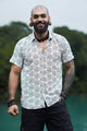 Front view of Pythagoras white men's viscose shirt with all-over sacred geometry pattern