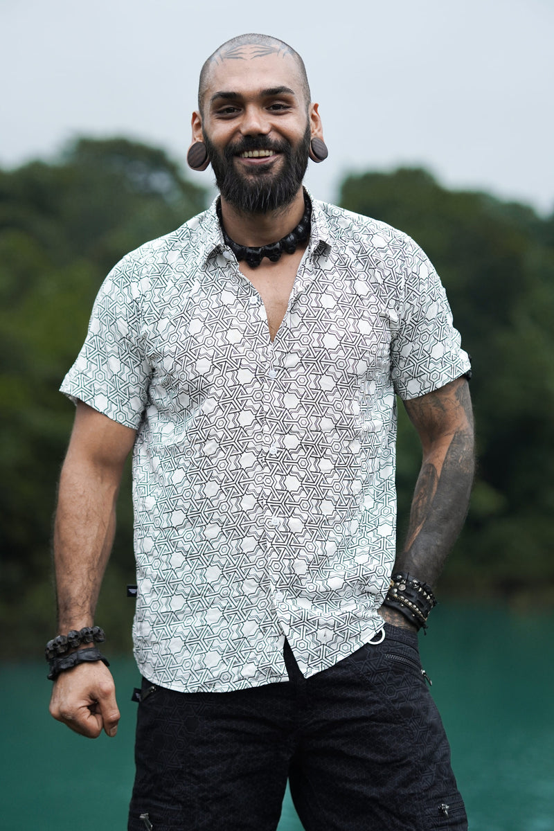 Front view of Pythagoras white men's viscose shirt with all-over sacred geometry pattern